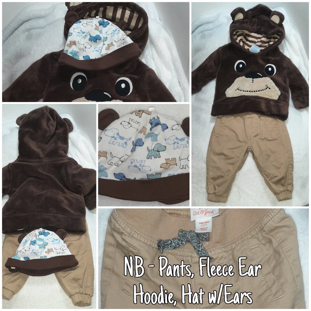 Boys | 3 Pc Outfit NB | Brown fuzzy Hoody w/Ears, Khaki Pants, & Hat w/Ears |